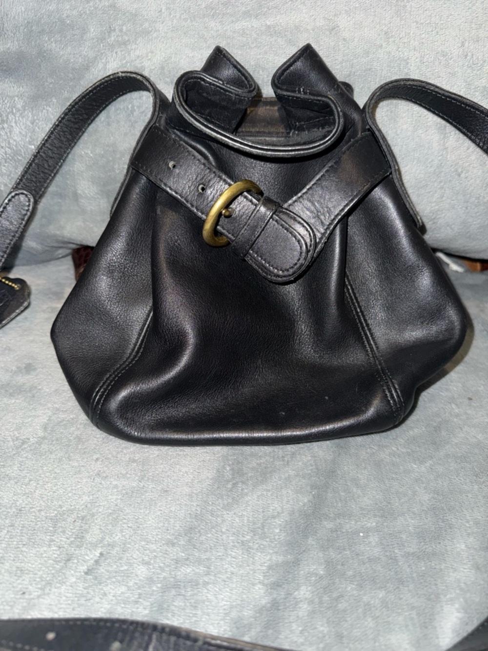 Coach Black Leather Drawstring Crossbody with Brass Buckle Accent